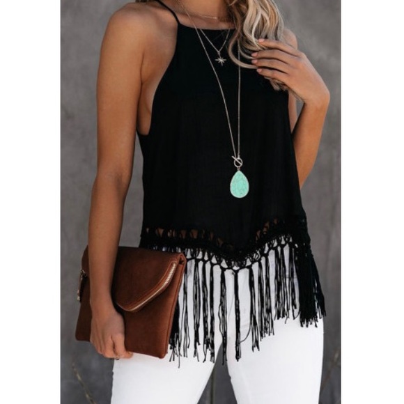 Tops - Black Tank With Fringed Hem